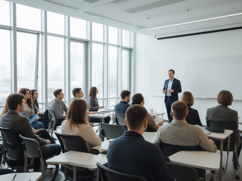 Небольшая группа слушателей внимательно слушает лектора у доски в современном образовательном пространстве с большими окнами и светлым интерьером