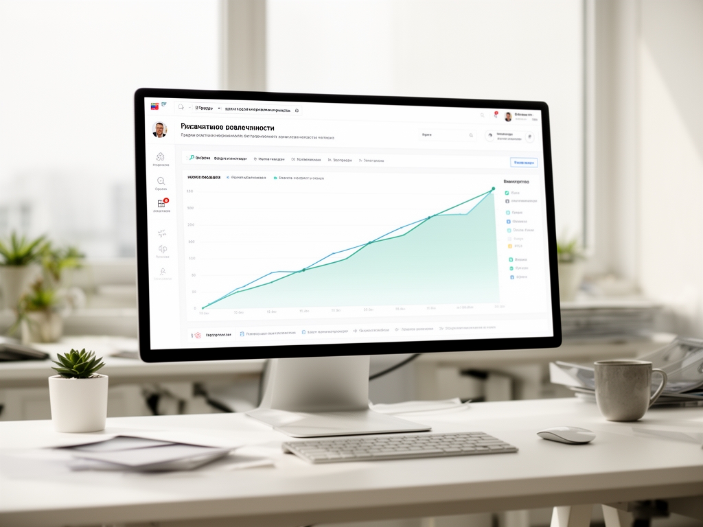 График роста показателей вовлечённости на экране монитора, аналитика контентной стратегии бренда, светлый офис