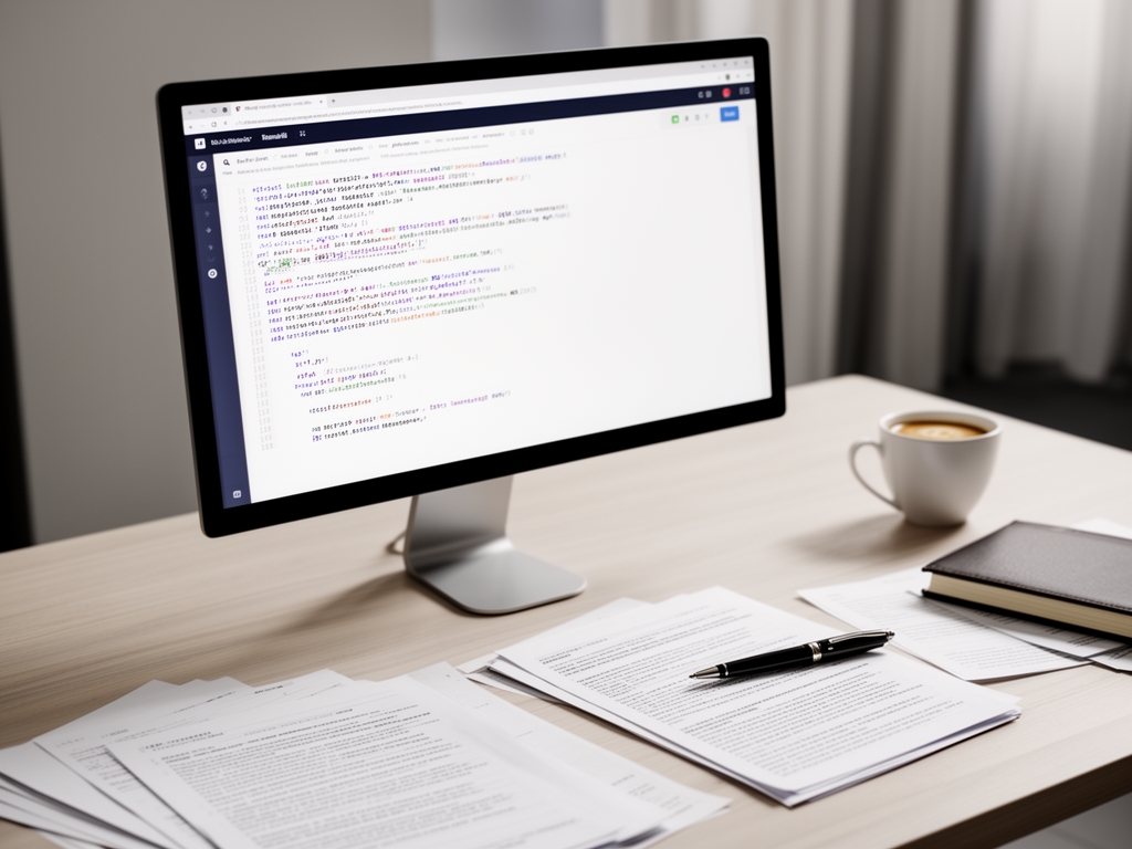 Деловой письменный стол с документами, ручкой и чашкой кофе, на экране монитора видна профессиональная деловая переписка