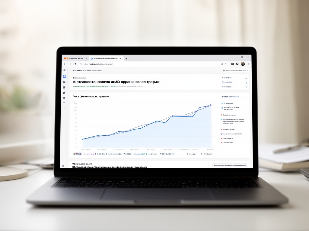 Экран ноутбука с открытым инструментом анализа ключевых слов, графики роста органического трафика на светлом фоне рабочего стола