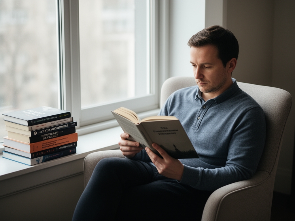Человек читает книгу в кресле у большого окна с естественным светом, на подоконнике стопка книг по нарративным техникам