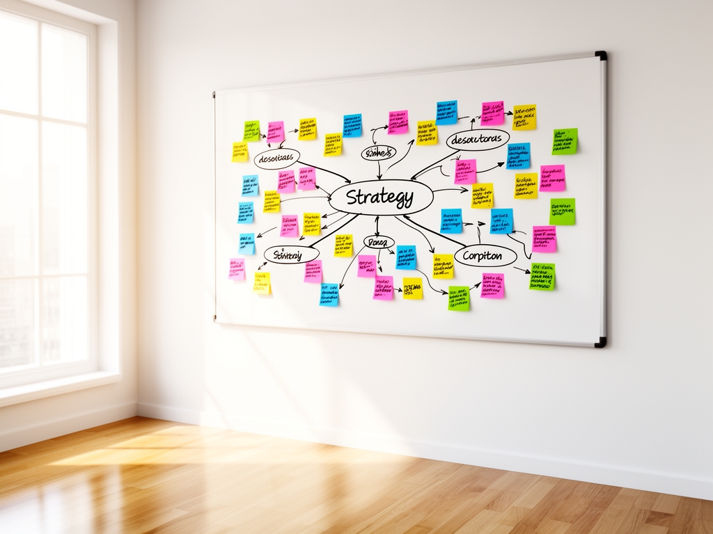 Маркерная доска с нарисованной схемой контент-стратегии, стрелками и цветными стикерами в светлом переговорном зале
