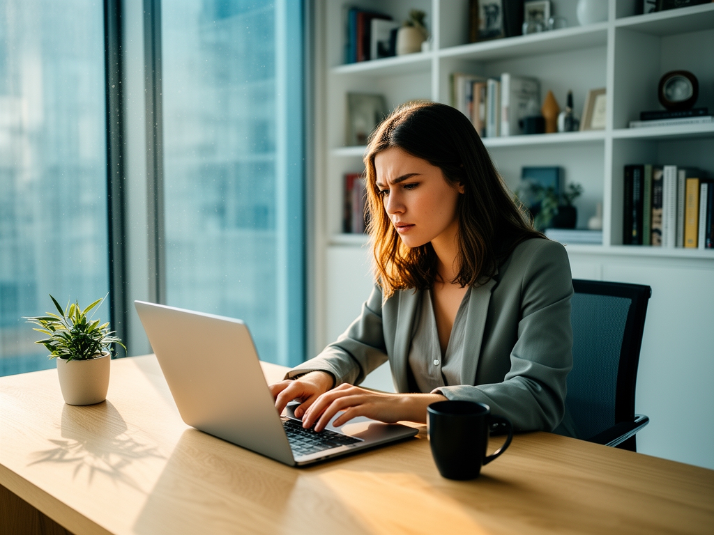 Молодая женщина сидит за светлым рабочим столом и сосредоточенно пишет в открытый ноутбук в уютном современном офисе с книжными полками на фоне