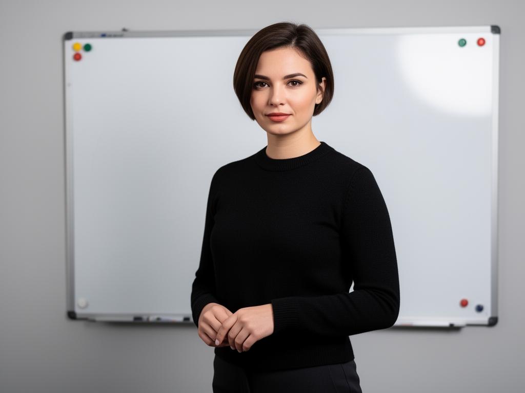 Молодая женщина с короткими волосами улыбается в камеру, стоит у белой стены с доской для записей, неформальная профессиональная атмосфера